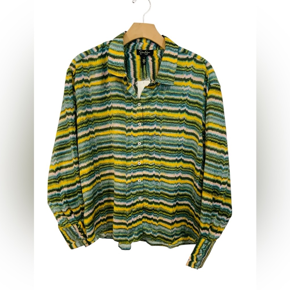 NWT Jessica Simpson Confetti-Tile Long Sleeve Silky Button Down Blouse Size L